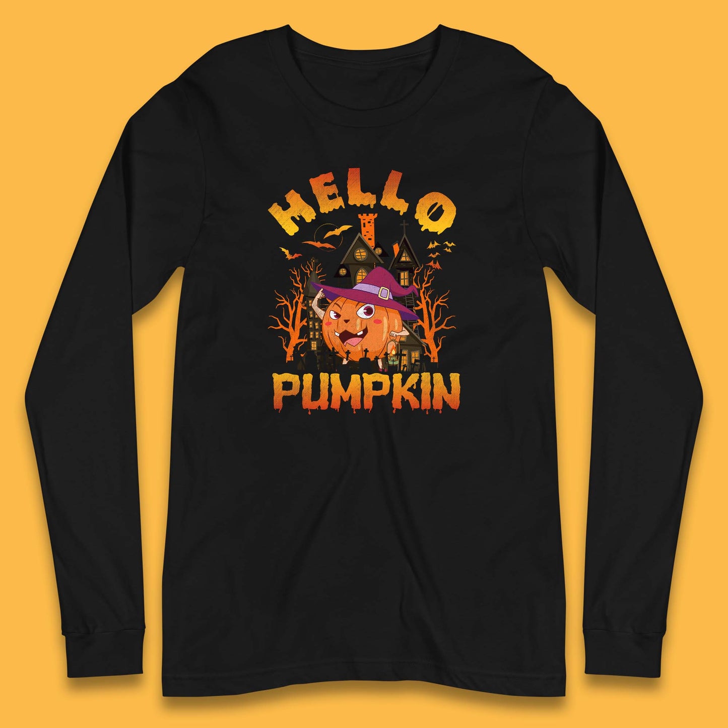 Hello Pumpkin Cartoon Halloween Pumpkin With Witch Hat Devil Smile Haunted Castle Long Sleeve T Shirt