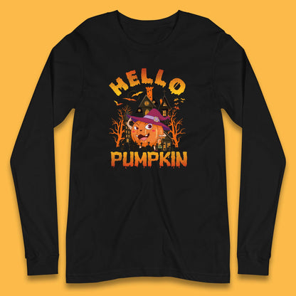 Hello Pumpkin Cartoon Halloween Pumpkin With Witch Hat Devil Smile Haunted Castle Long Sleeve T Shirt