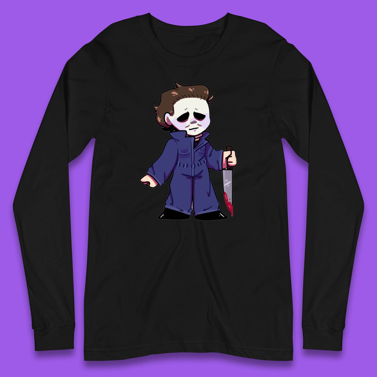 Chibi Michael Myers Holding Bloody Knife Halloween Serial Killer Horror Movie Character Long Sleeve T Shirt