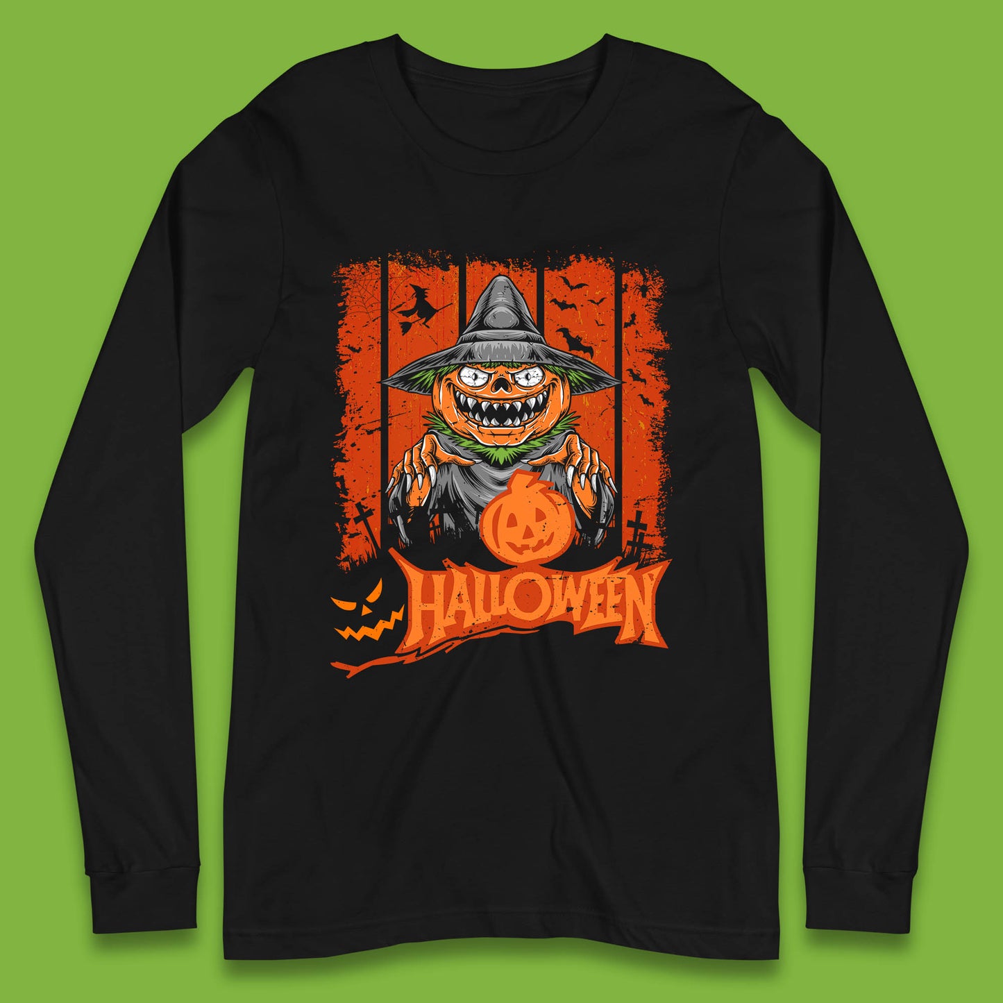 Halloween Pumpkin Head Scarecrow Jack O Lantern Pumpkin Head Horror Scary Vintage Retro Long Sleeve T Shirt