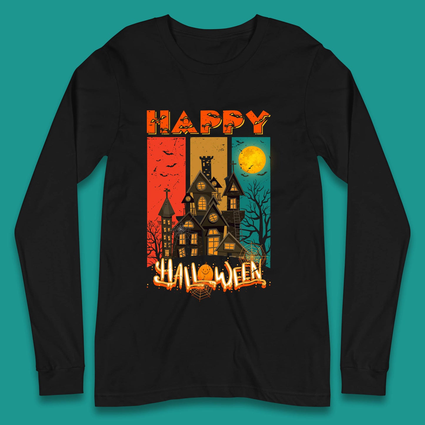 Happy Halloween Vintage Style Horror Scary Haunted House Long Sleeve T Shirt