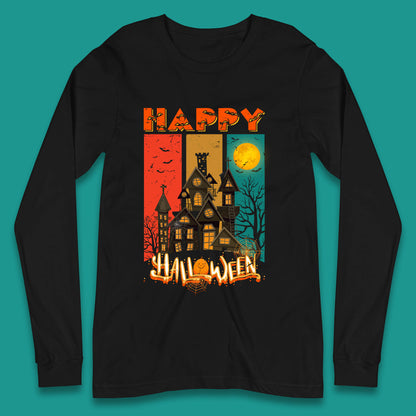 Happy Halloween Vintage Style Horror Scary Haunted House Long Sleeve T Shirt