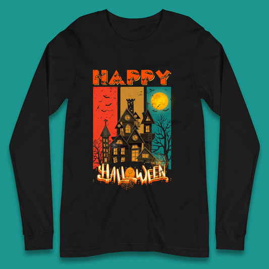 Happy Halloween Vintage Style Horror Scary Haunted House Long Sleeve T Shirt