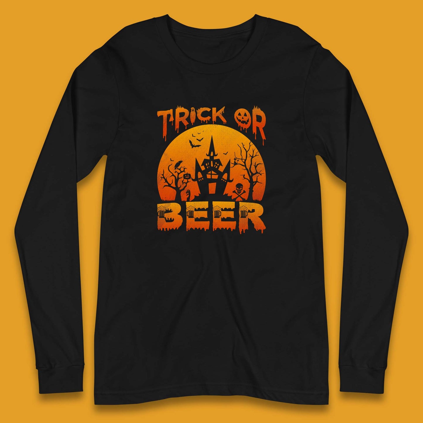 Trick Or Beer Halloween Drinking Beer Lover Horror Haunted House Drinker Halloween Party Long Sleeve T Shirt
