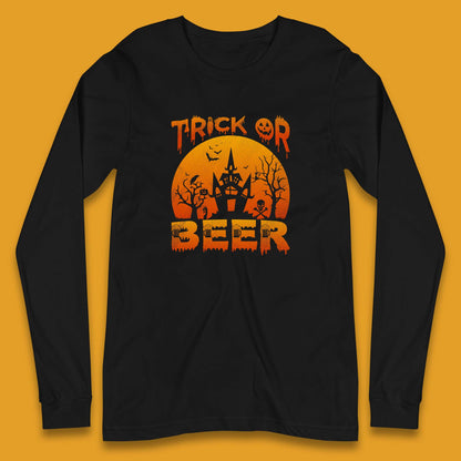 Trick Or Beer Halloween Drinking Beer Lover Horror Haunted House Drinker Halloween Party Long Sleeve T Shirt