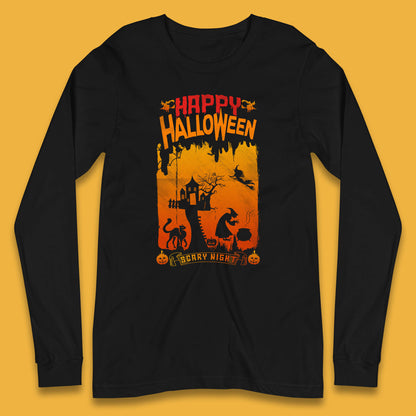 Happy Halloween Horror Hunted House Flying Witch Scary Spooky Night Long Sleeve T Shirt