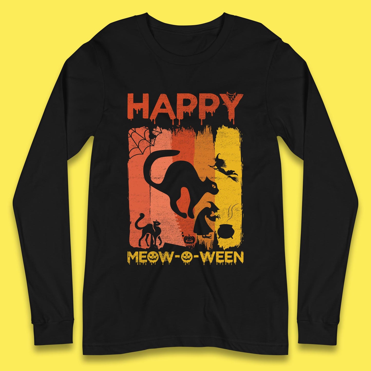 Happy Meow-O-ween Funny Halloween Black Cat Scary Spooky Long Sleeve T Shirt