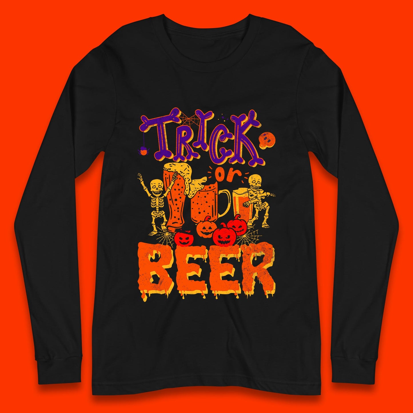 Trick Or Beer Halloween Drinking Beer Lover Dancing Skeleton Drinker Halloween Party Long Sleeve T Shirt