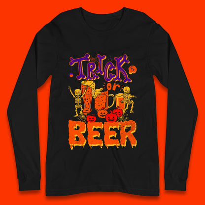 Trick Or Beer Halloween Drinking Beer Lover Dancing Skeleton Drinker Halloween Party Long Sleeve T Shirt