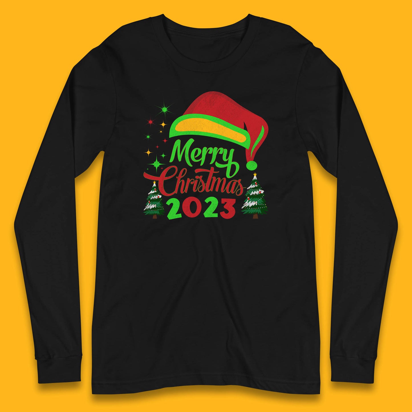 Merry Christmas 2023 Elf Hat Christmas Trees Xmas Gift Long Sleeve T Shirt