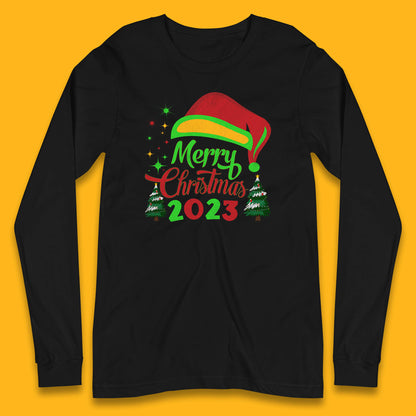 Merry Christmas 2023 Elf Hat Christmas Trees Xmas Gift Long Sleeve T Shirt