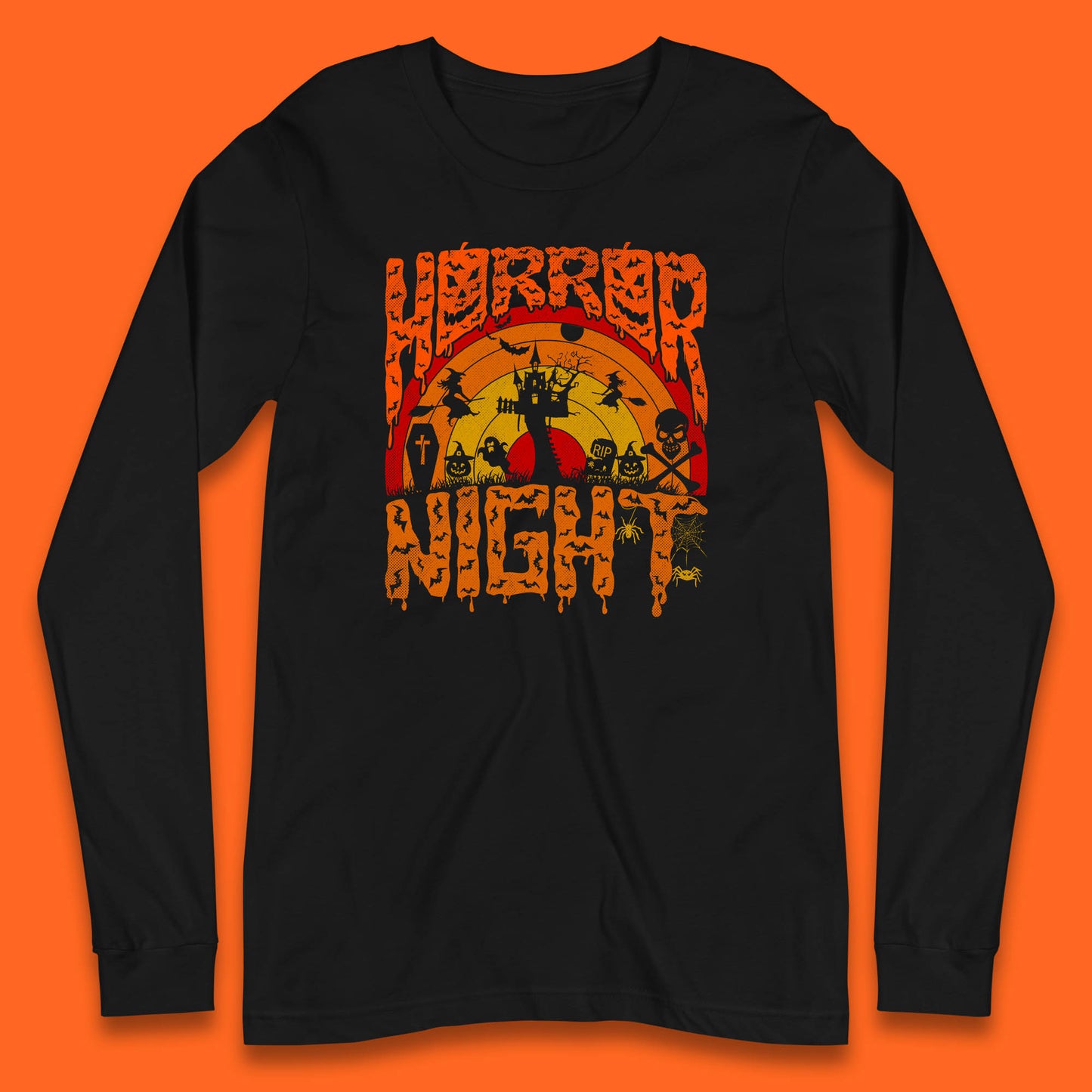 Halloween Horror Night Vintage Rainbow Flying witches Scary Boo Spooky Festive Night Long Sleeve T Shirt