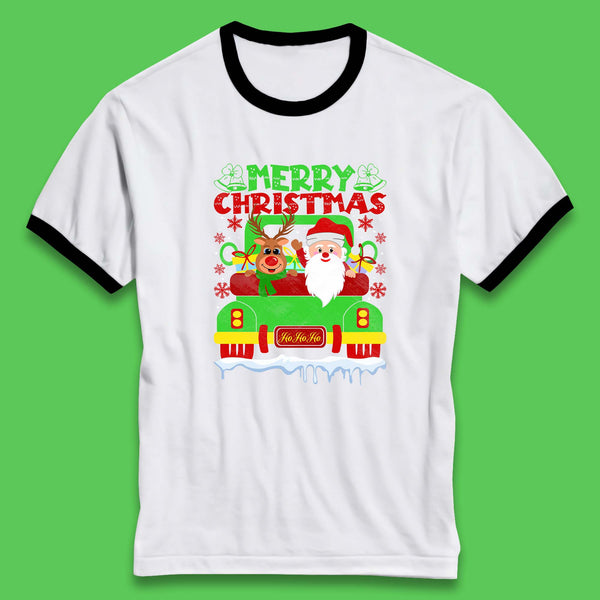 Merry Christmas Ho Ho Ho Christmas Truck Santa Reindeer Back Of Truck Xmas Ringer T Shirt