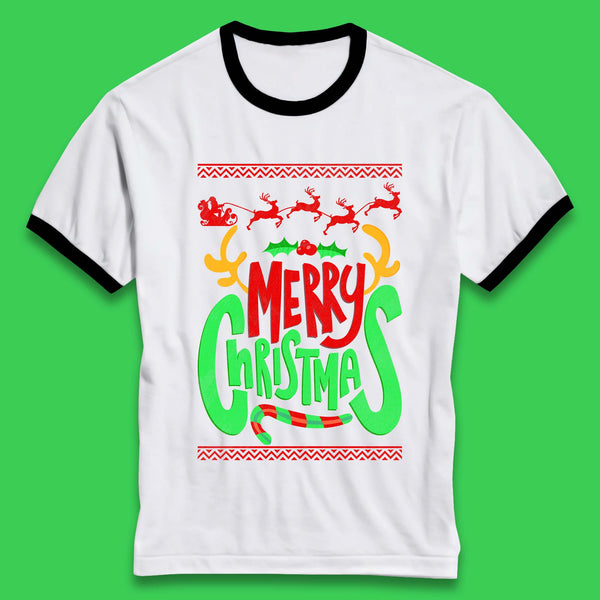 Merry Christmas Santa Claus Reindeer Antlers Xmas Winter Festive Season Ringer T Shirt