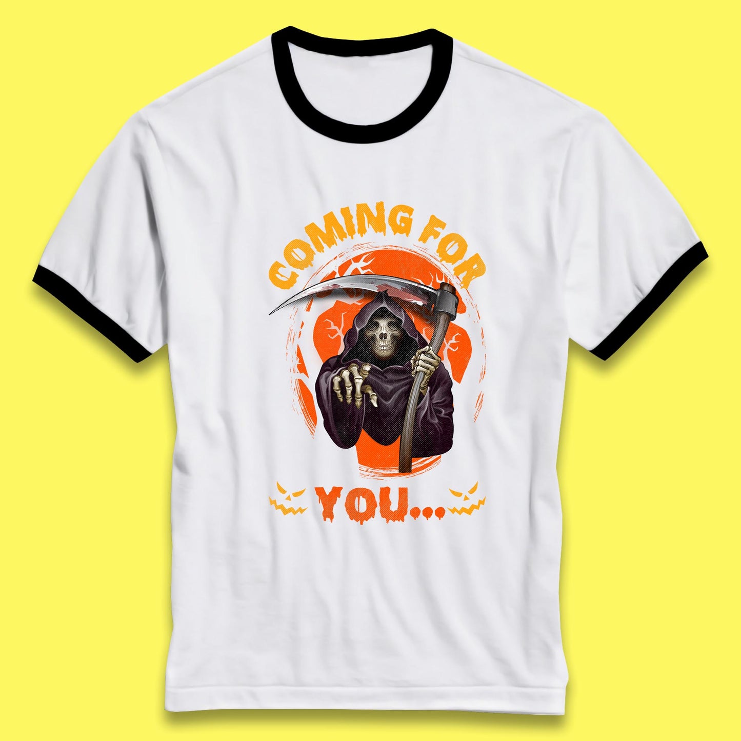 Coming For You Grim Reaper Halloween Skeleton With Scythe Halloween Ghost Ringer T Shirt