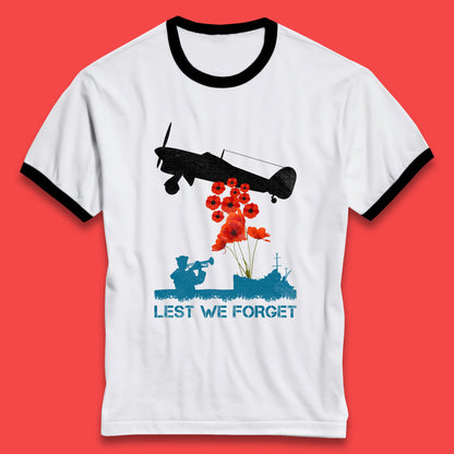 Lest We Forget Remembrance Day Veterans British Armed Forces Poppy Flower Royal Aircraft Ringer T Shirt