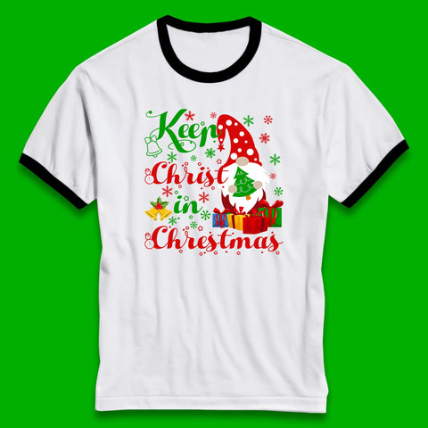 Keep Christ In Christmas Xmas Gnome Holding Tree Faith Christmas Ringer T Shirt
