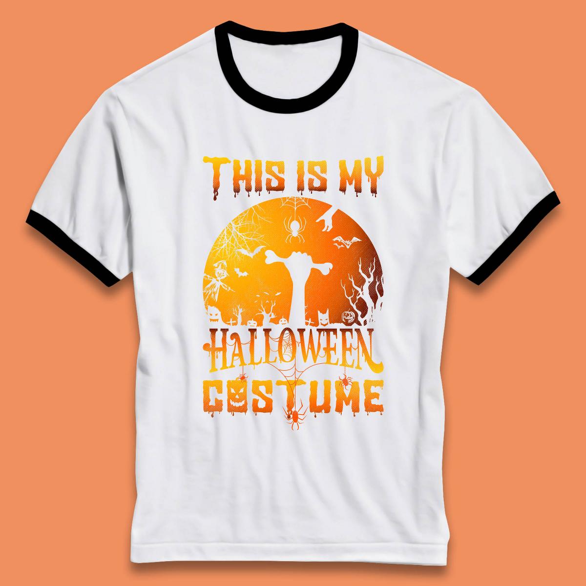 This Is My Halloween Costume Zombie Hand Rising Out Of A Graveyard & Holding Bone In Spooky Night Ringer T Shirt