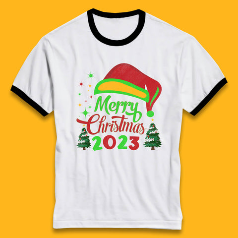 Merry Christmas 2023 Elf Hat Christmas Trees Xmas Gift Ringer T Shirt
