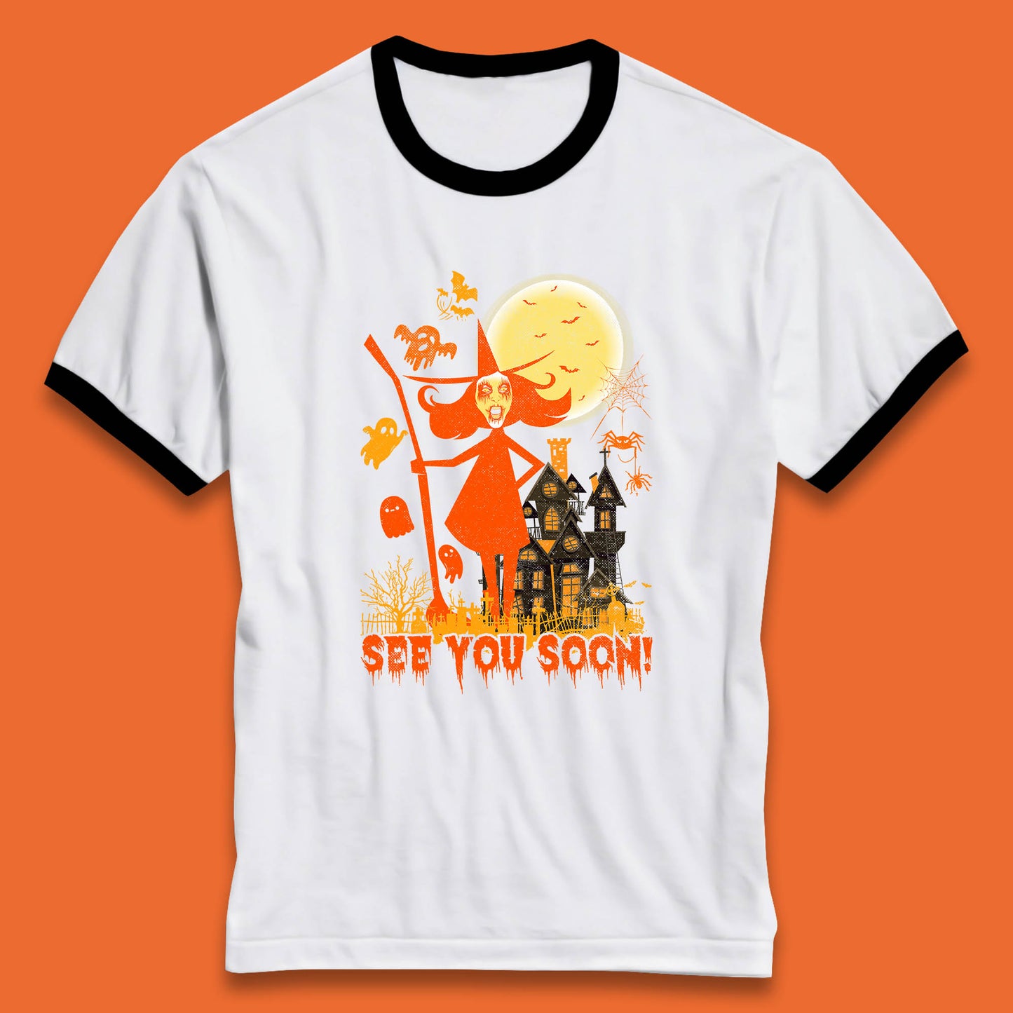 See You Soon Halloween Witch With Broom Horror Scary Haunted House Ringer T Shirt