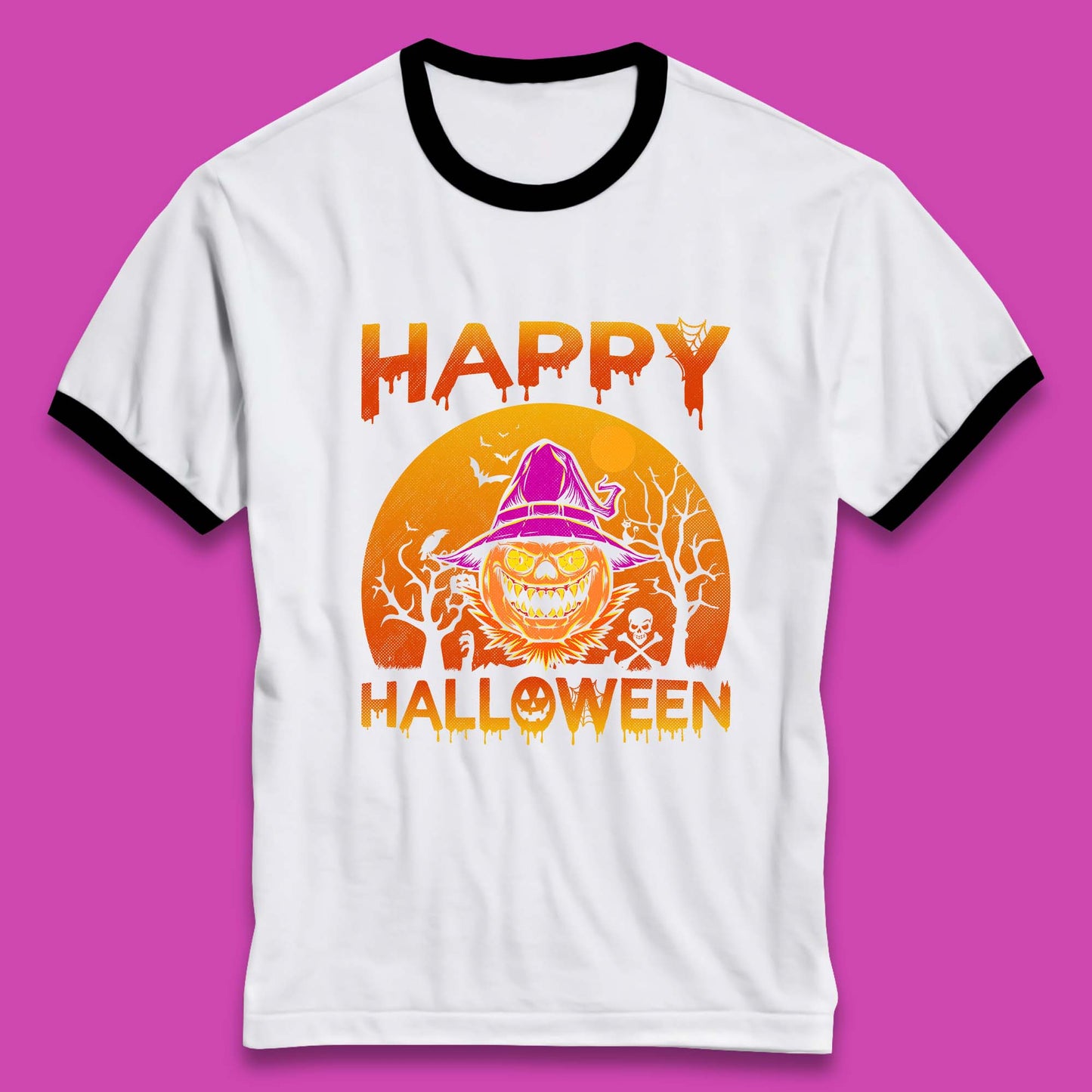 Happy Halloween Monster Pumpkin With Witch Hat Horror Scary Spooky Season Ringer T Shirt