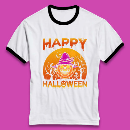Happy Halloween Monster Pumpkin With Witch Hat Horror Scary Spooky Season Ringer T Shirt
