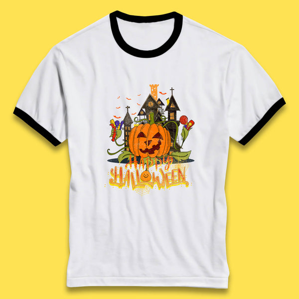 Happy Halloween Spooky Haunted House Halloween Pumpkin Horror Scary Jack-o-lantern Ringer T Shirt