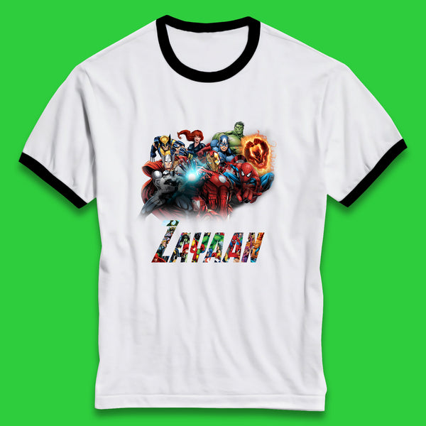 Personalised Marvel Avengers Super Heroes Movie Characters Spider Man, Black Widow, Hulk, Iron Man, Thor, Captain America Avengers Squad Ringer T Shirt