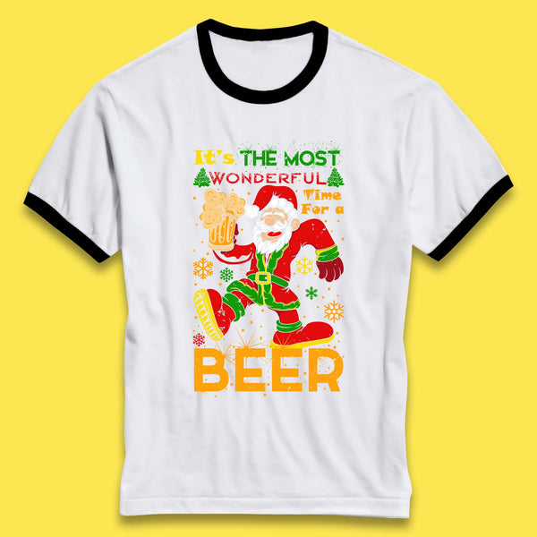 Drunken Santa Drunken Santa It's The Most Wonderful Time For A Beer Christmas Drinking Party Santa Claus Drink Beer Xmas Ringer T Shirt