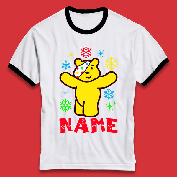 Personalised Christmas Spotty Pudsey Bear Children In Need Your Name Xmas Charity Raising Ringer T Shirt