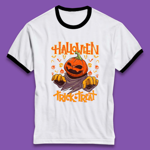 Halloween Trick Or Treat Pumpkin Character Halloween Scary Evil Pumpkin Ringer T Shirt