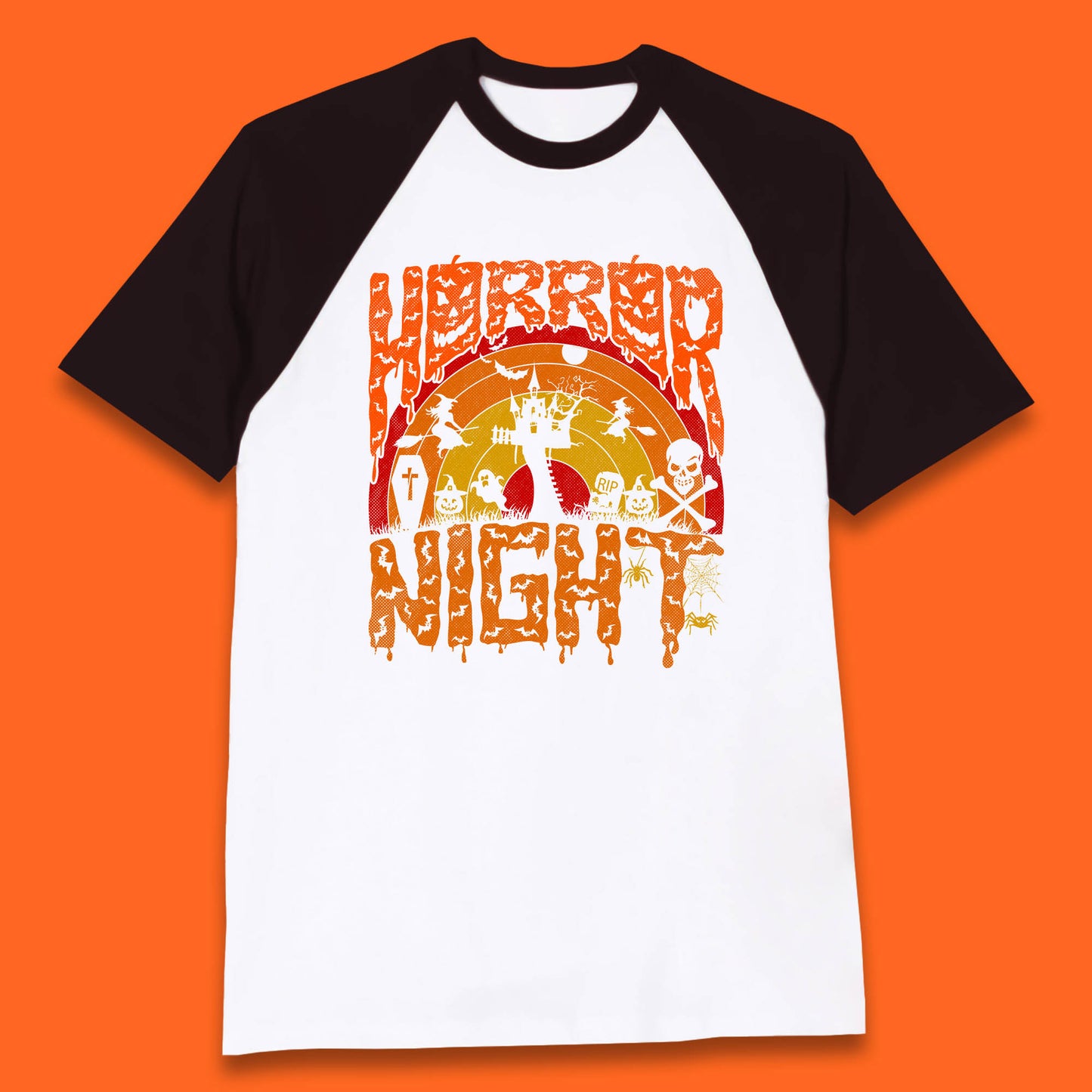 Halloween Horror Night Vintage Rainbow Flying witches Scary Boo Spooky Festive Night Baseball T Shirt