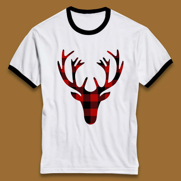 Merry Christmas Buffalo Plaid Deer Head Merry Xmas Reindeer Ringer T Shirt