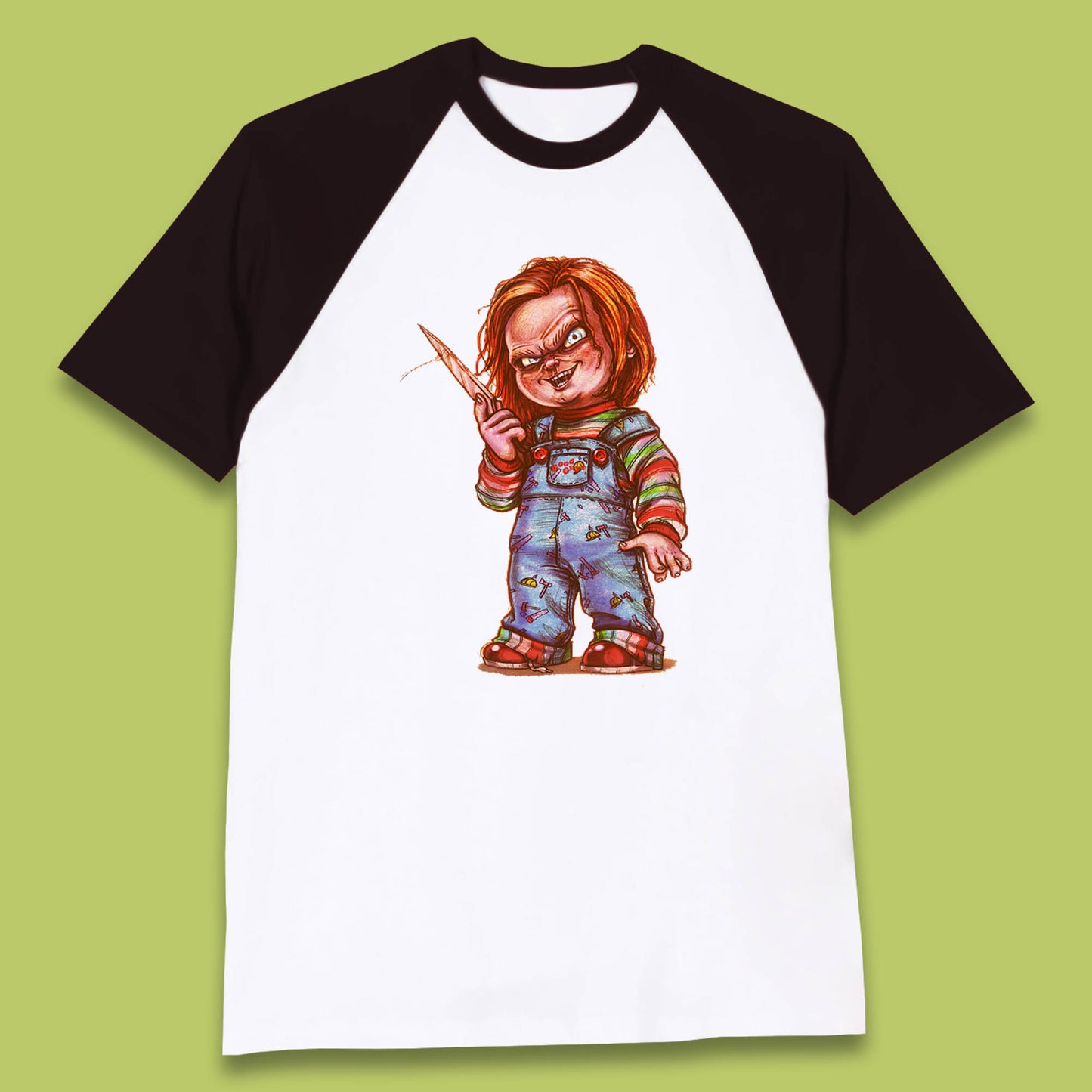 The Horror Movie Character Chucky With Knife Serial Killer Halloween Horror Movie Inspired Chucky Baseball T Shirt