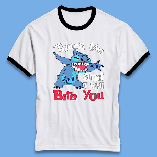 Disney Angry Stitch Cartoon Touch Me And I Will Bite You Lilo & Stitch Ringer T Shirt