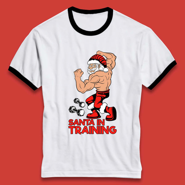 Santa In Traning Christmas Gym Body Builder Santa Claus Fitness Training Xmas Gymmer Work Out Ringer T Shirt