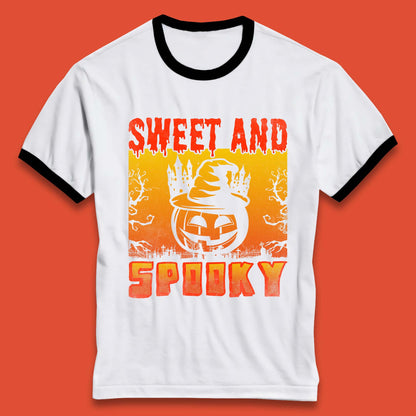 Sweet And Spooky Happy Halloween Witch Hat Pumpkin Horror Scary Season Ringer T Shirt