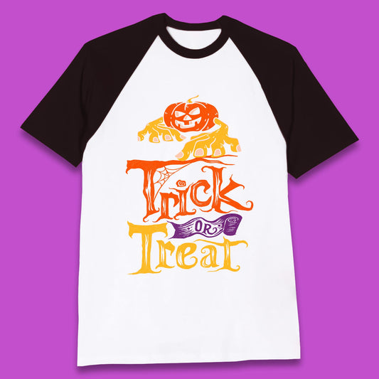 Halloween Trick Or Treat Horror Scary Evil Pumpkin With Zombie Hands Baseball T Shirt