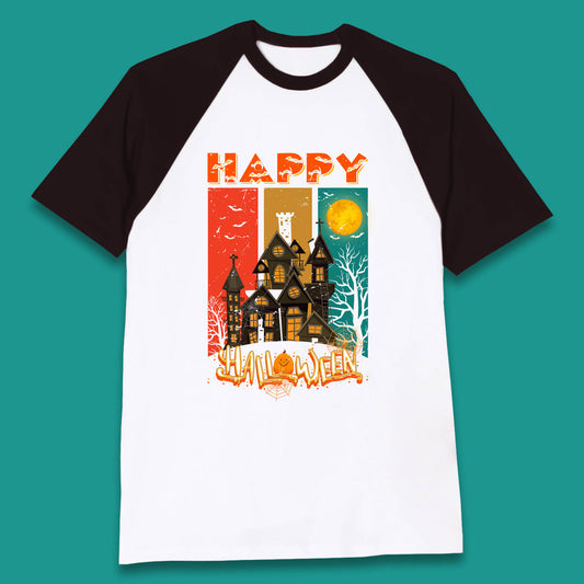 Happy Halloween Vintage Style Horror Scary Haunted House Baseball T Shirt