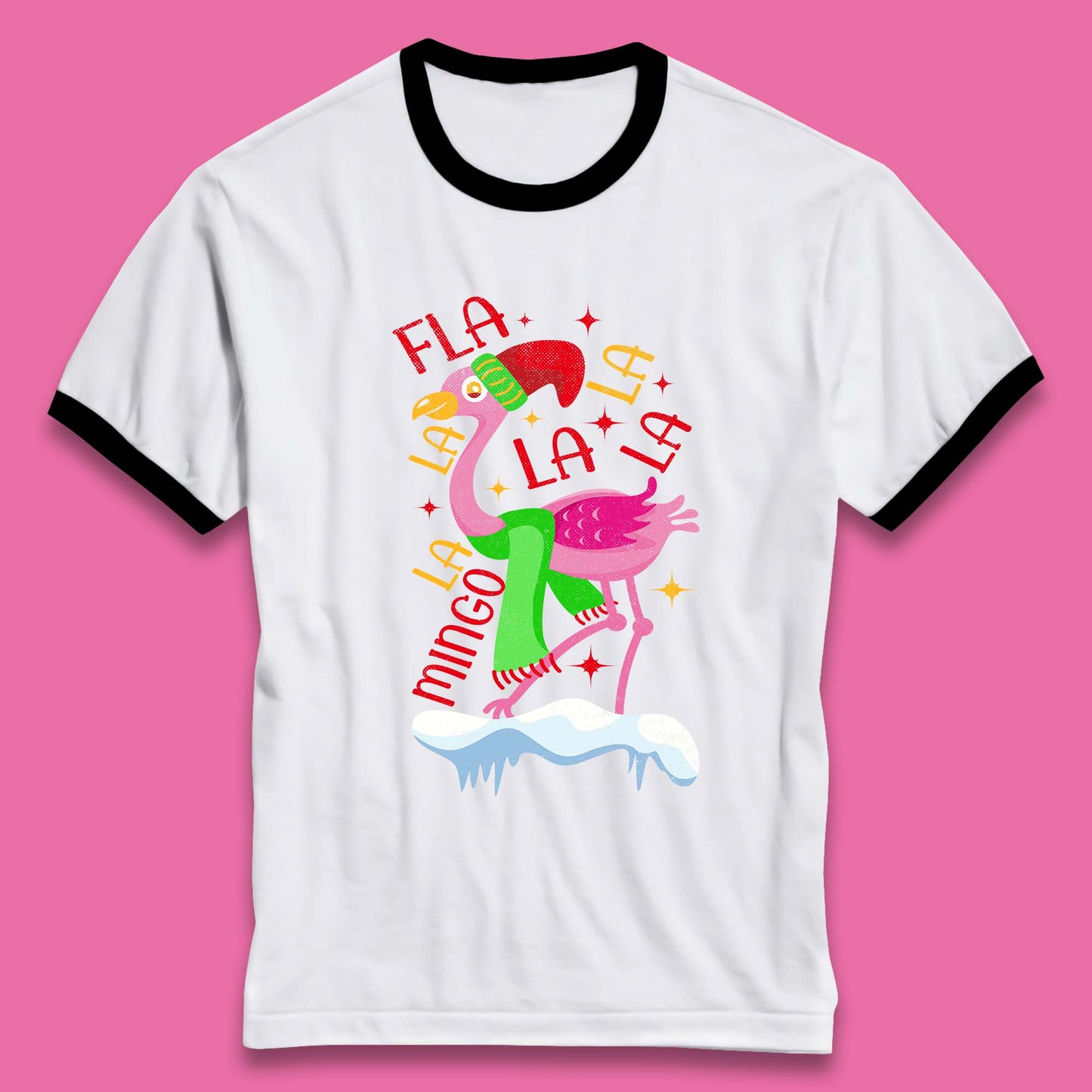 pink flamingo christmas ringer t shirt