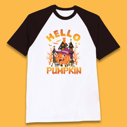 Hello Pumpkin Cartoon Halloween Pumpkin With Witch Hat Devil Smile Haunted Castle Baseball T Shirt