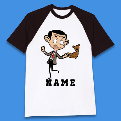 Personalised Mr Bean And Teddy Bear Your Name Comedy Cartoon Animated Series Baseball T Shirt
