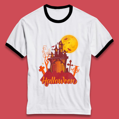 Halloween Lettering With Full Moon Scary Haunted House Flying Bats Horror Graveyard Ringer T Shirt