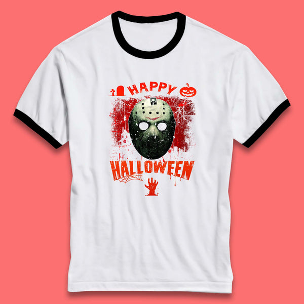 Happy Halloween Jason Voorhees Face Mask Halloween Friday The 13th Horror Movie Ringer T Shirt
