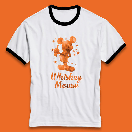 Whiskey Mouse Mickey Minnie Mouse Cartoon Character Holding Beer Bottle Disneyland Whiskey Lovers Ringer T Shirt