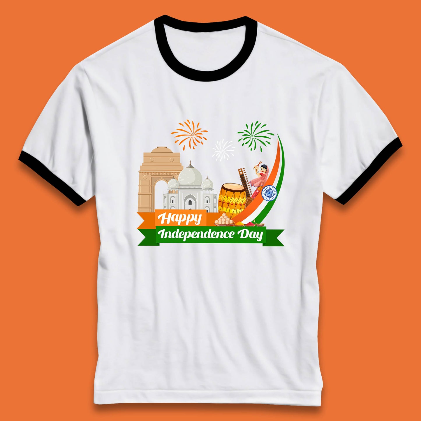 Happy India Independence Day 15th August Patriotic Indian Flag India Architectural Landmarks Ringer T Shirt