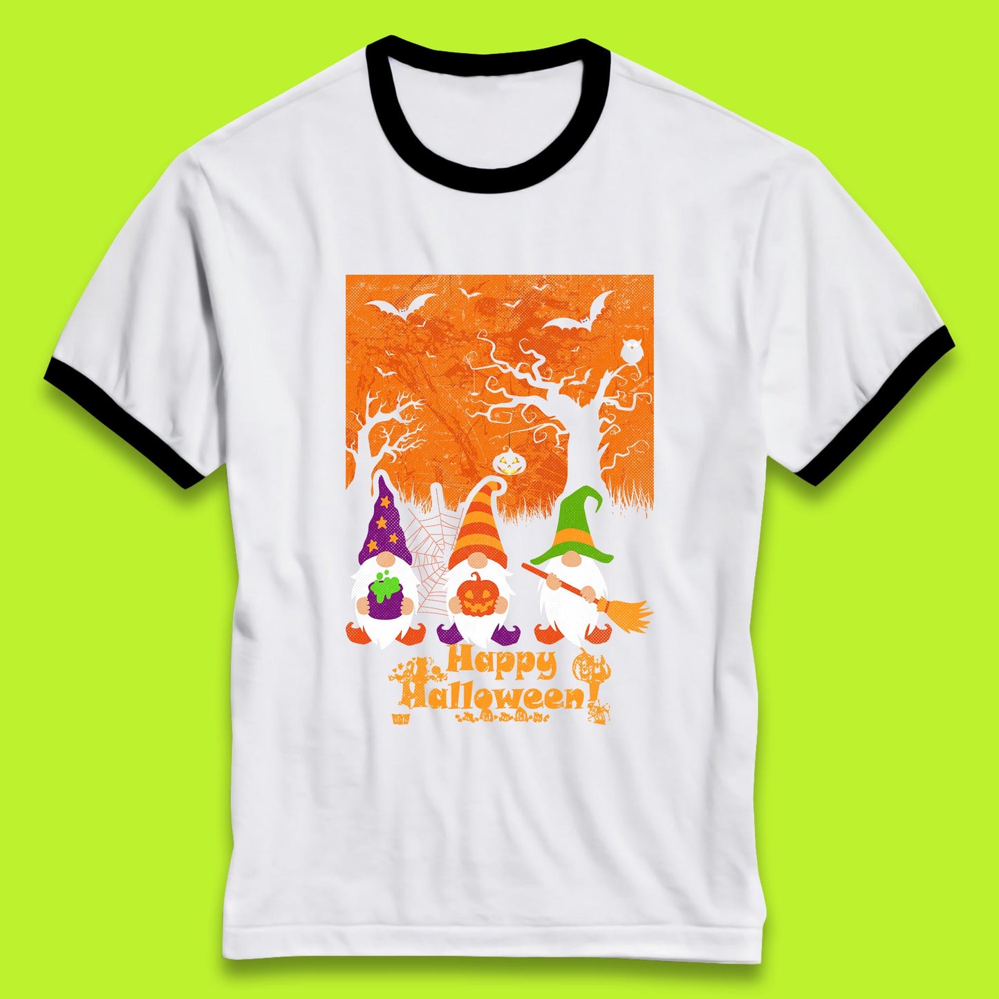 Happy Halloween Gnomies Spooky Witch Gnomes Scary Halloween Trees Gnome Lover Ringer T Shirt