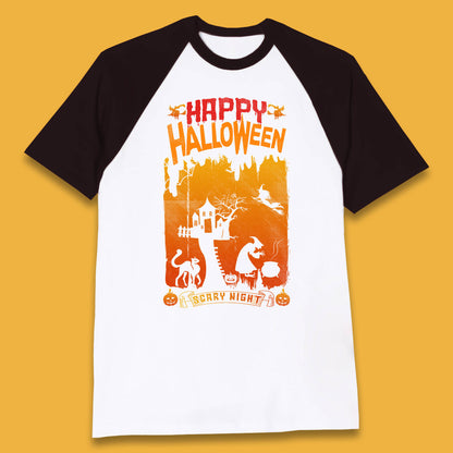 Happy Halloween Horror Hunted House Flying Witch Scary Spooky Night Baseball T Shirt