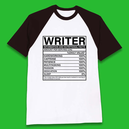 Writer Nutritional Facts Baseball T-Shirt