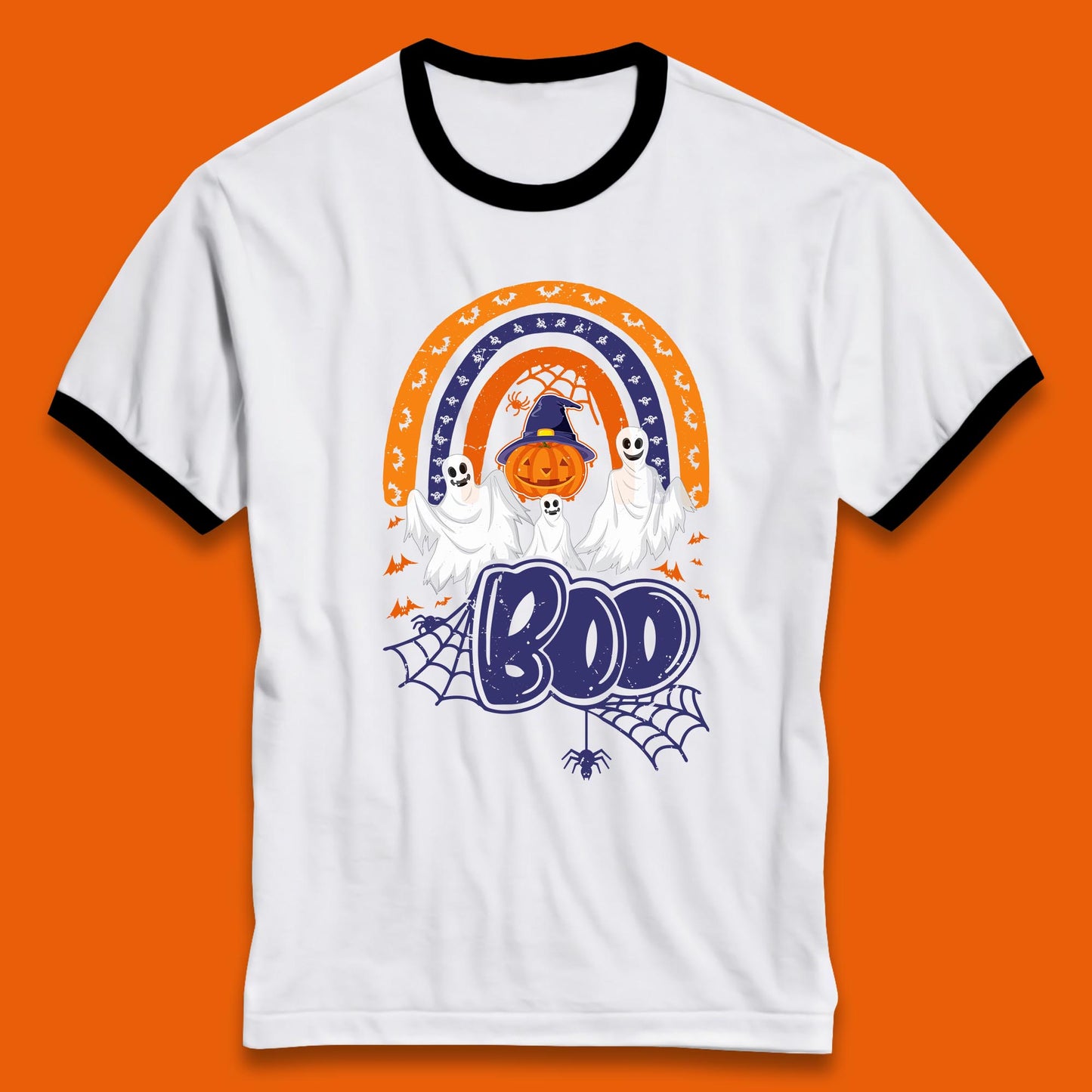Halloween Boo Ghosts With Witch Pumpkin Scary Spooky Season Ringer T Shirt